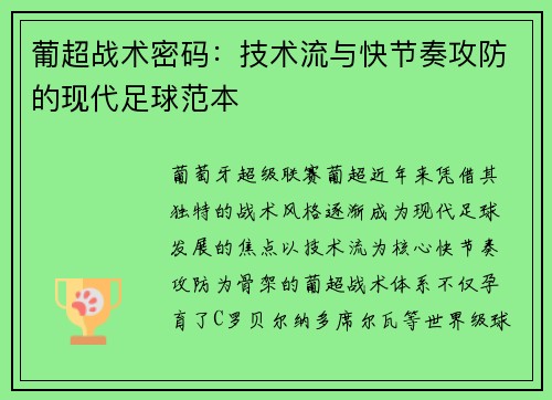 葡超战术密码：技术流与快节奏攻防的现代足球范本
